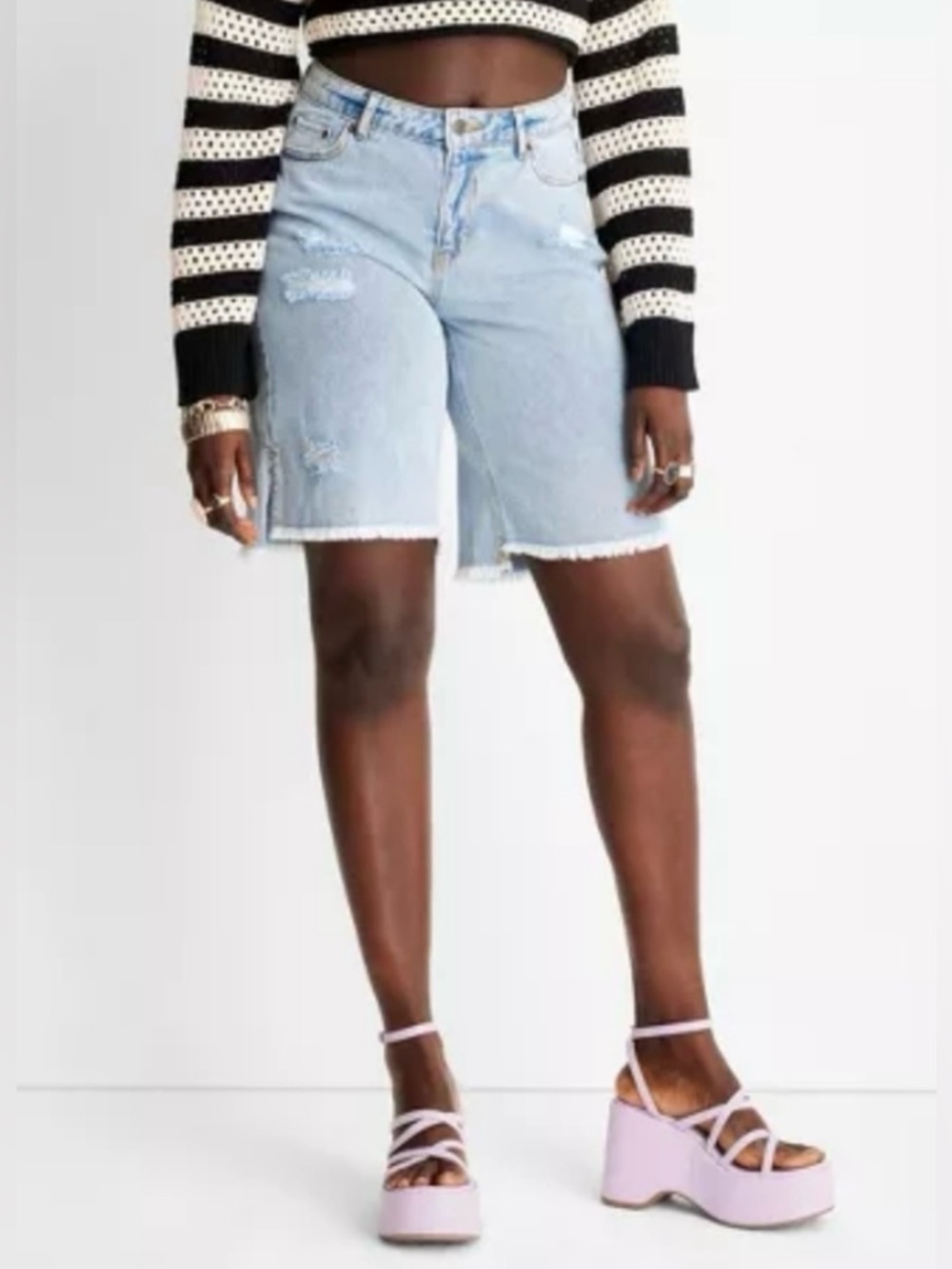 NWOT Future Collective Light Wash Distressed Denim Bermuda Shorts
